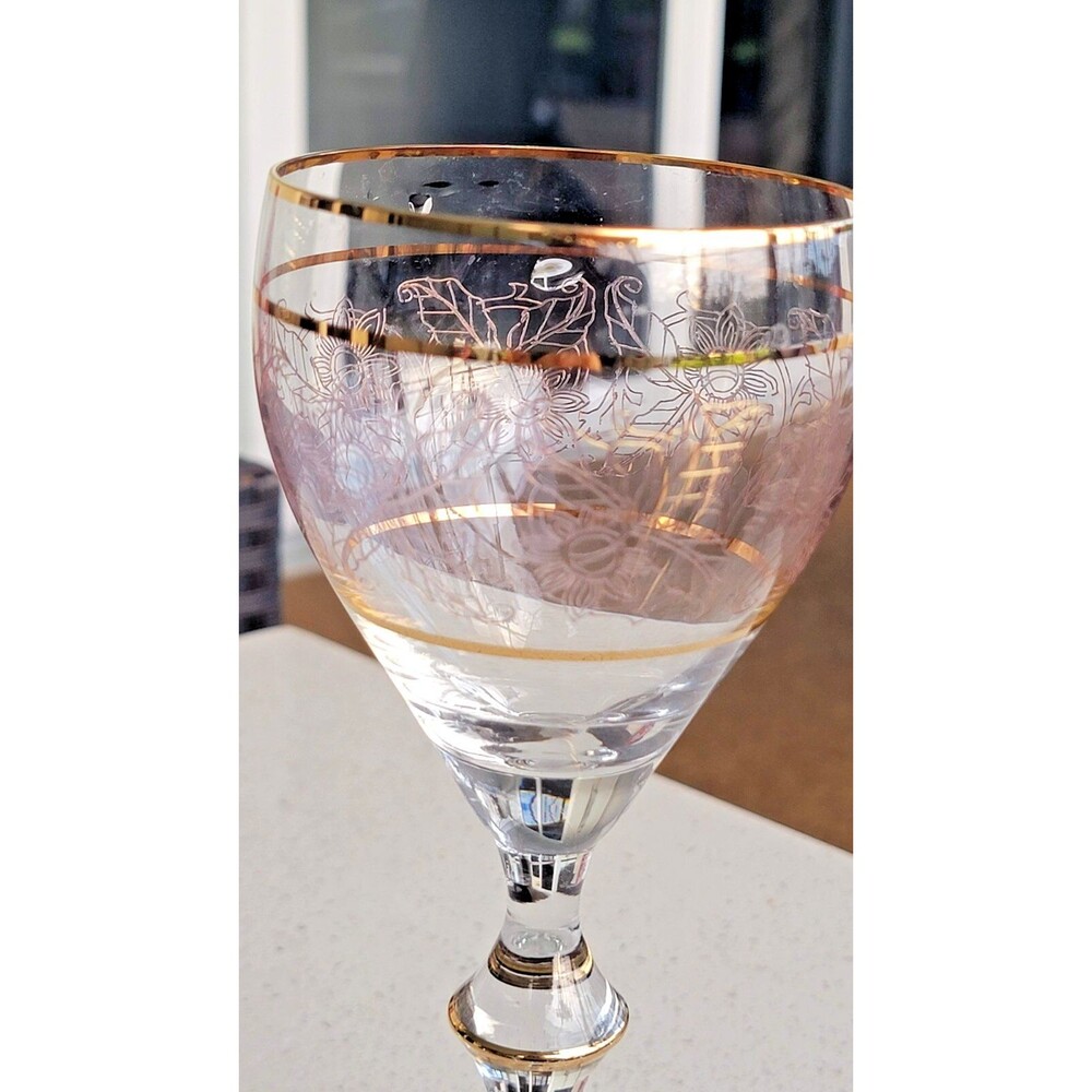 Vintage Crystal Wine Glasses Gold Etched & Banded Stemware Set/2 - Picture 9 of 13